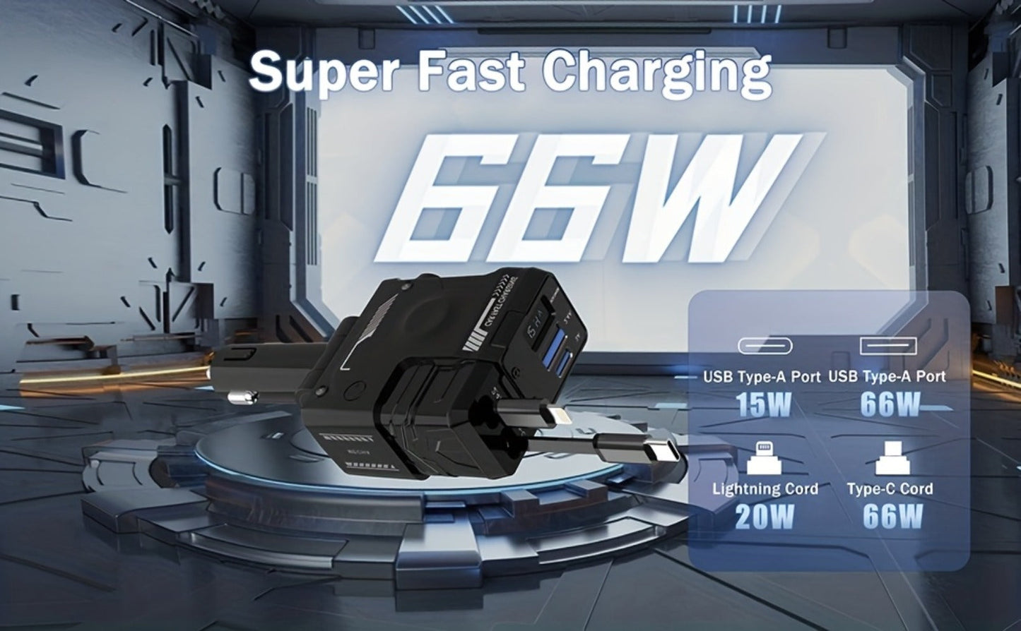 Dual Retractable Cable Car Charger 4-in-1 with Lightning & Type-C 31in, 2 USB-A Ports & Voltage Supervision – Tangle-Free Fast Car Phone Charger for iPhone Samsung Android, Multi Port Car Charging Adapter 4 Colors
