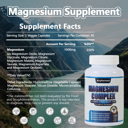 Dietary Supplement Magnesium 7-in-1 Complex with Glycinate, Malate and Taurate, 1000mg per Serving