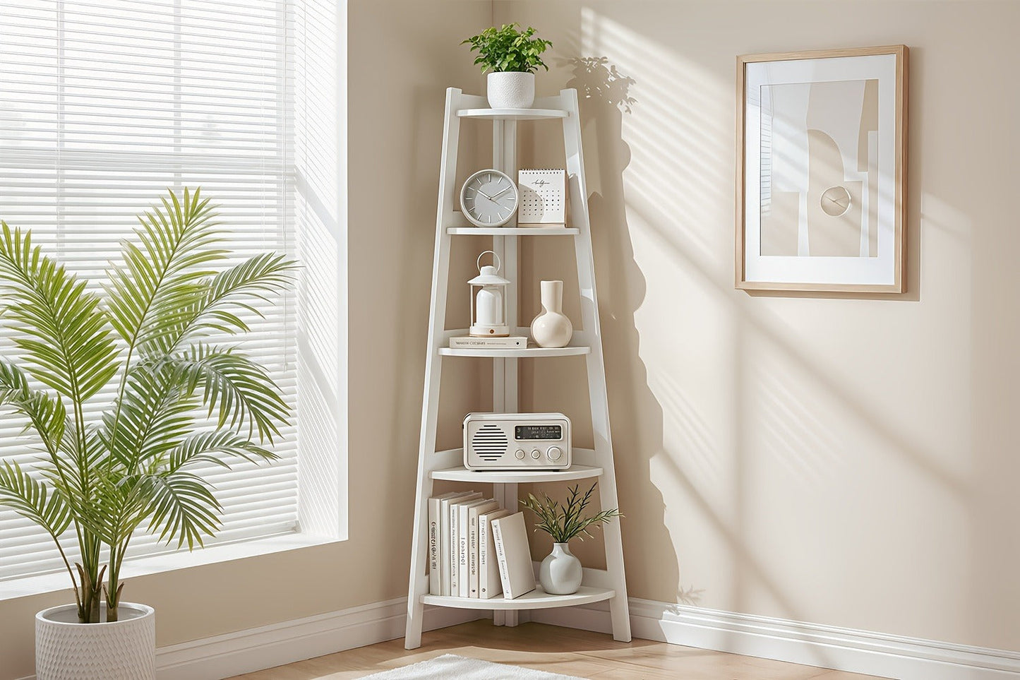 Corner Shelf 5-Tier Scandinavian Storage Cabinet – Space-Saving Vertical Organizer with Baskets, Shelves & Drawer, Modern Plastic Corner Rack for Home, Study, Balcony & Bathroom (White)