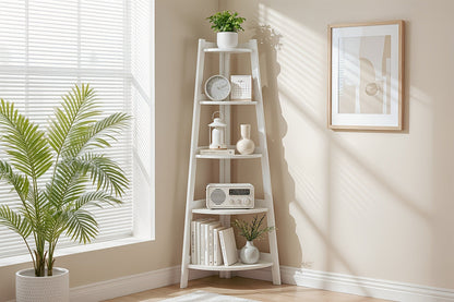 Corner Shelf 5-Tier Scandinavian Storage Cabinet – Space-Saving Vertical Organizer with Baskets, Shelves & Drawer, Modern Plastic Corner Rack for Home, Study, Balcony & Bathroom (White)