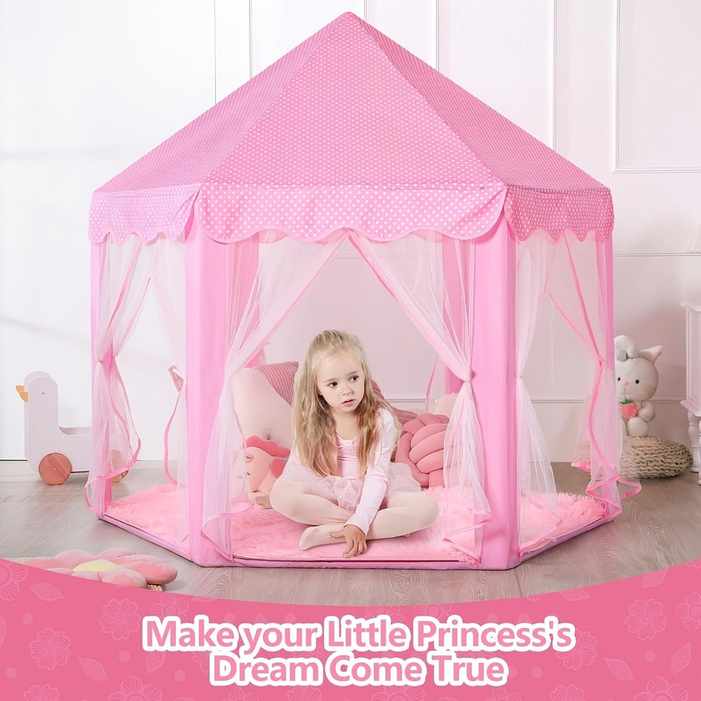 Pink Hexagonal Princess Play Tent with Sheer Mesh Door, Flower Print, 48-Inch Base and 52-Inch Height