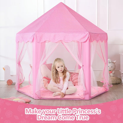 Pink Hexagonal Princess Play Tent with Sheer Mesh Door, Flower Print, 48-Inch Base and 52-Inch Height