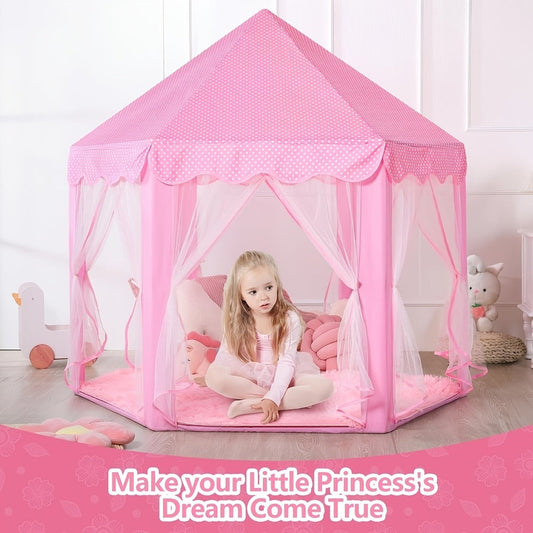 Kids Princess Tent Hexagonal Play Tent with Sheer Door Curtain – Flower Pattern Mosquito Net Castle for Girls, Indoor Outdoor Playhouse Canopy Bed Tent