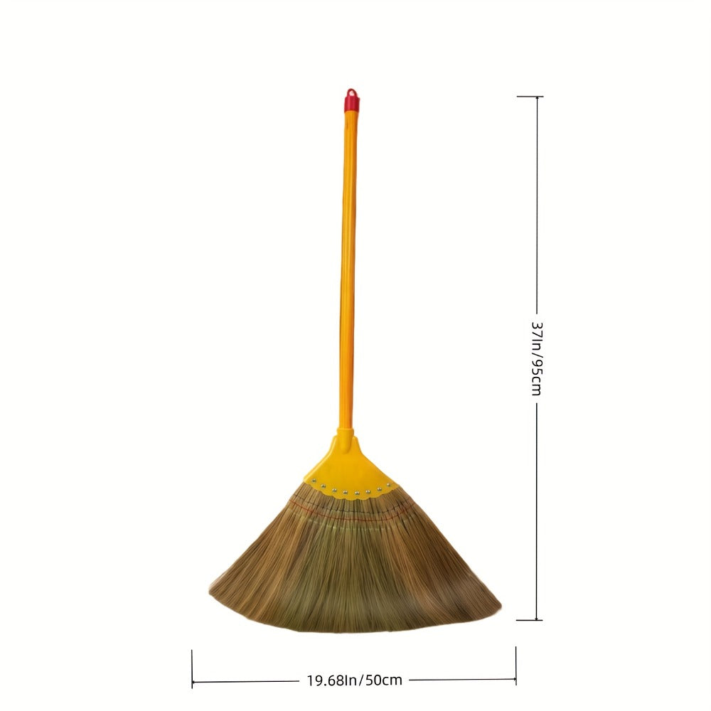 Extra-Long Miscanthus Broom with Soft Full-Length Bristles and Yellow Wrapped Handle for Home Sweeping