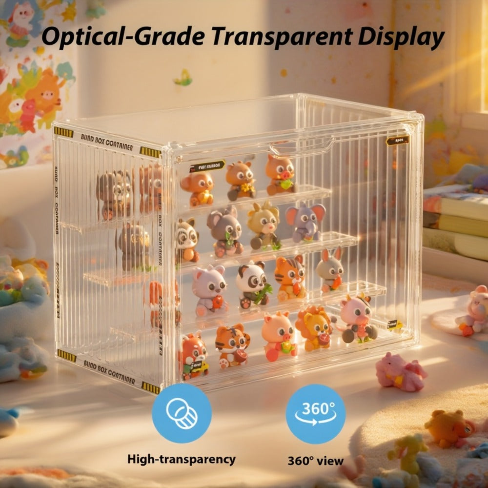 Large Four-Tier Clear Acrylic Figure Display Case with Magnetic Door and Stackable Desktop Design