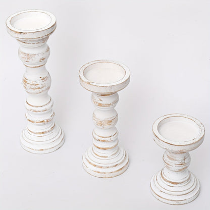 Wood Pillar Candle Holder Set of 3 - Farmhouse Rustic Wooden Candlestick Holders for Pillar Candles, Tiered Tray Decor, Table Centerpiece, Mantel Shelf Home Decor, White Black Brown