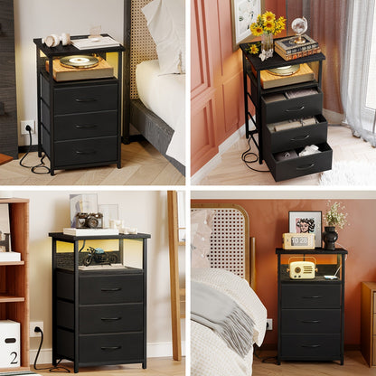 Nightstand Three Fabric Drawers with Charging Station, Open Shelf and Optional LED Configuration