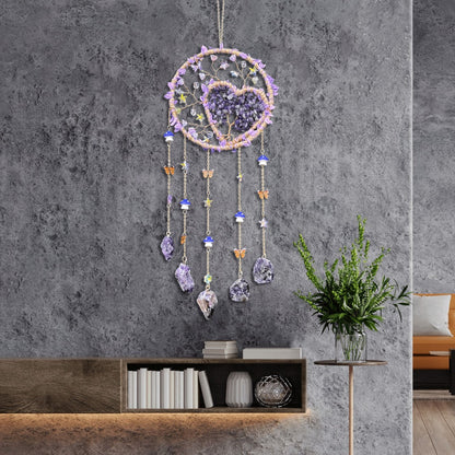 Round Beaded Wall Hanging Decor in Purple, Pink or Green with Heart Charms and Five Hanging Strands
