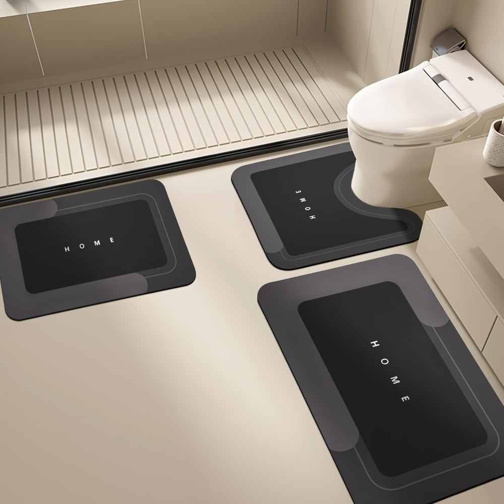 Three-Piece Polyester Bath Mat Set with Rectangular and Contour Rugs in Black Gray, Light Blue or Light Grey