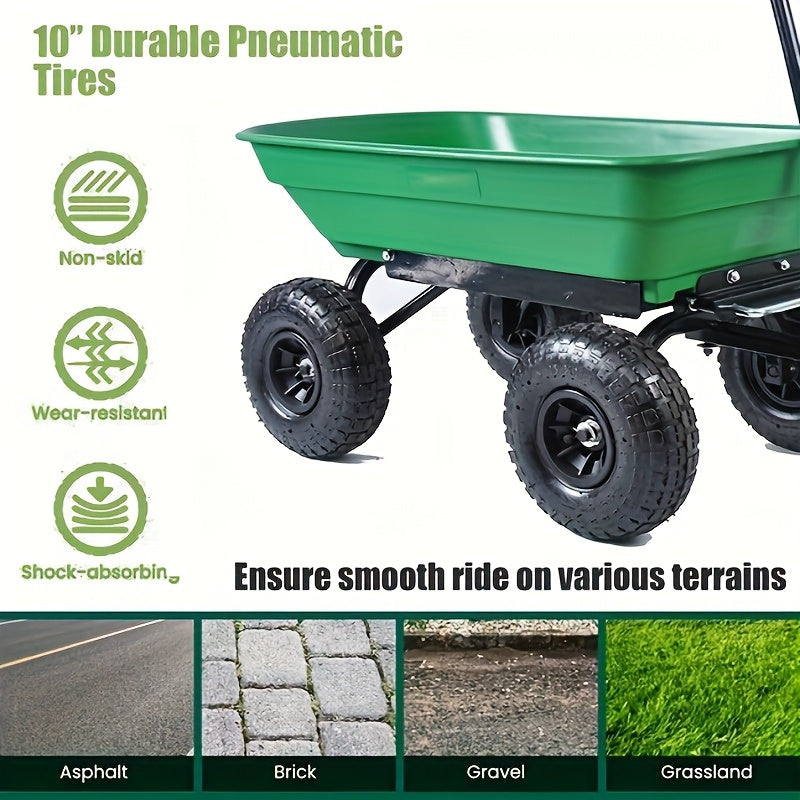 Garden Cart Heavy Duty Steel Yard Wagon 220 Lb Capacity Dump Cart with 10 Inch Pneumatic Tires All Terrain Utility Cart for Lawn Farm Gardening Green