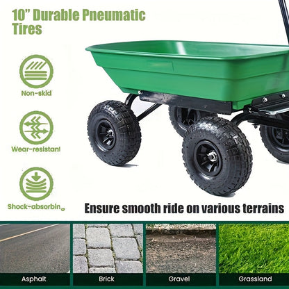 Garden Cart Heavy Duty Steel Yard Wagon 220 Lb Capacity Dump Cart with 10 Inch Pneumatic Tires All Terrain Utility Cart for Lawn Farm Gardening Green