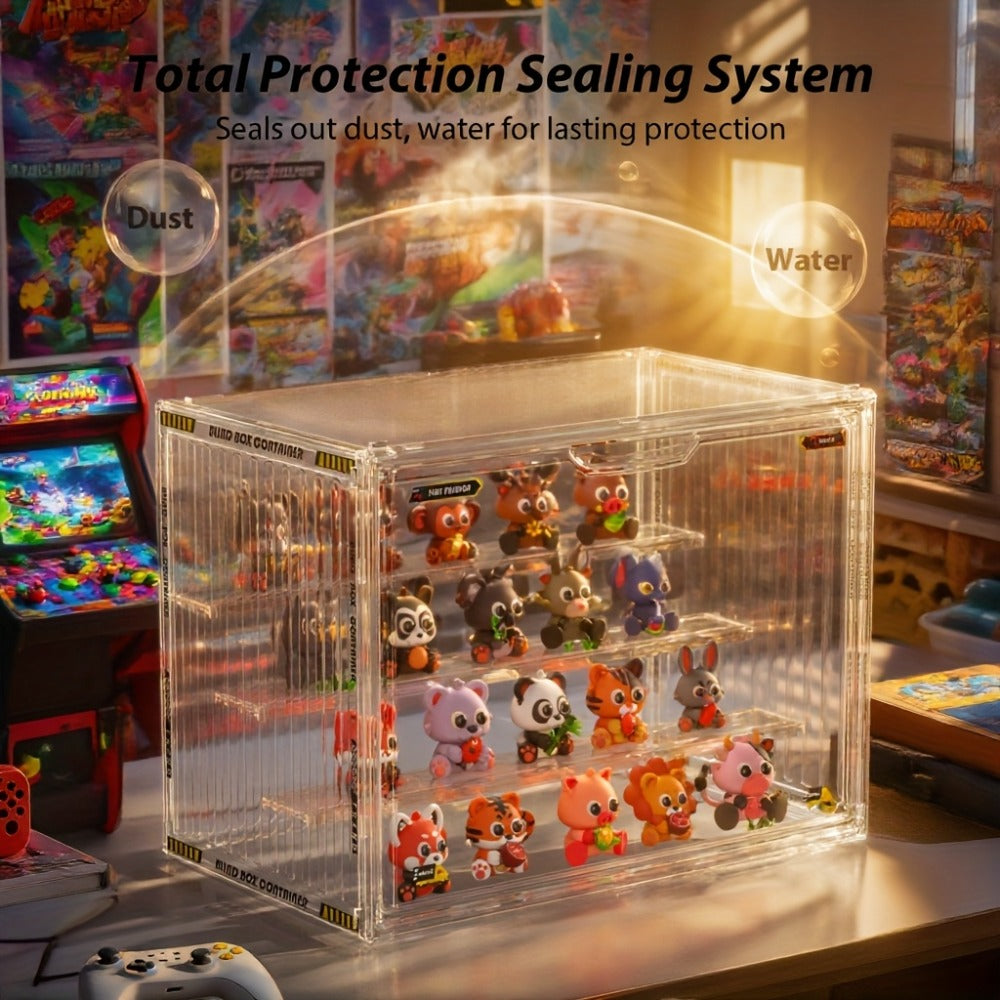 Large Four-Tier Clear Acrylic Figure Display Case with Magnetic Door and Stackable Desktop Design