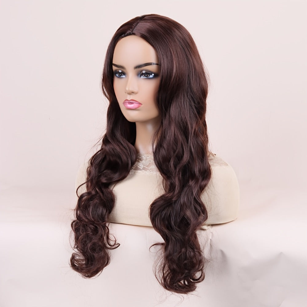Synthetic Wig 28-Inch Big-Wave Curly Headband Style in Dark Brown or Black for Parties and Weddings