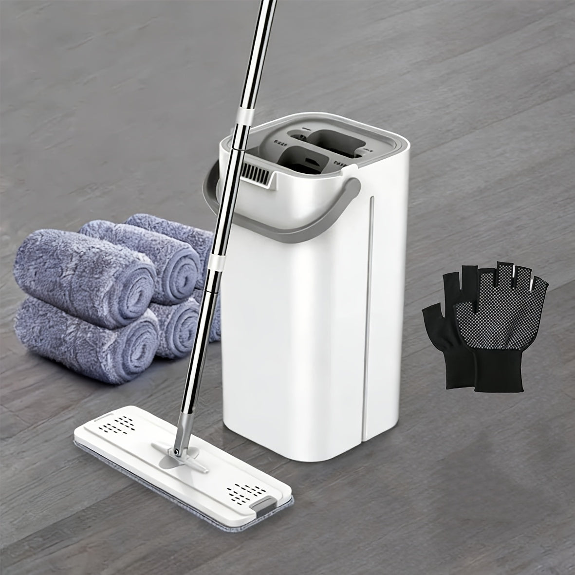 Eight-Piece Flat Mop and Bucket Set with Six Microfiber Pads, Cleaning Gloves and Hands-Free Wringer