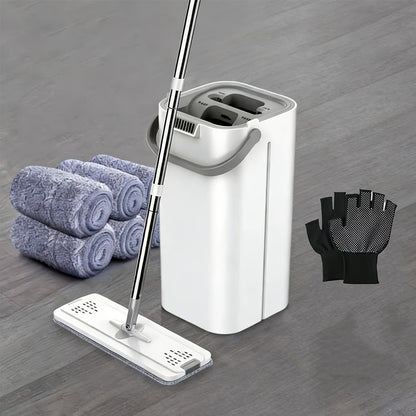 Eight-Piece Flat Mop and Bucket Set with Six Microfiber Pads, Cleaning Gloves and Hands-Free Wringer