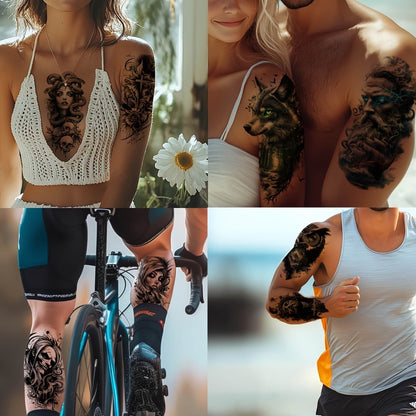 Temporary Tattoos, 24-Sheet Black Gothic Set with Lion, Eagle, Skull and Greek God Motifs for Forearm Placement