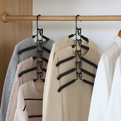 Five-Tier Cascading Clothes Hanger Organizers with Padded Arms in a Two-Piece Black Set for Closets