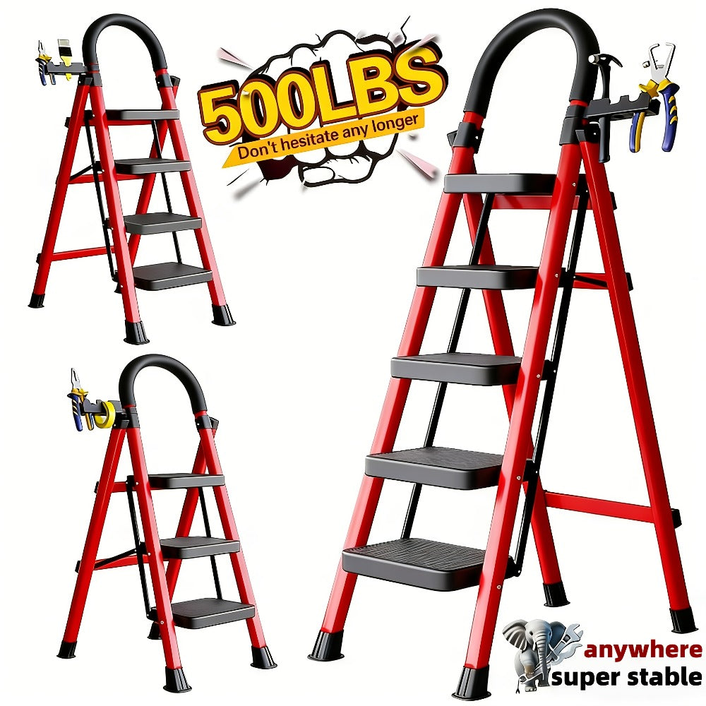 Folding Step Stool Ladder 500lbs Heavy Duty Steel with Anti-Slip Wide Treads & Handrails – Safety Lock, Portable Multi-Step Ladder for Home, Kitchen & Outdoor Use, Mini / Medium / Large