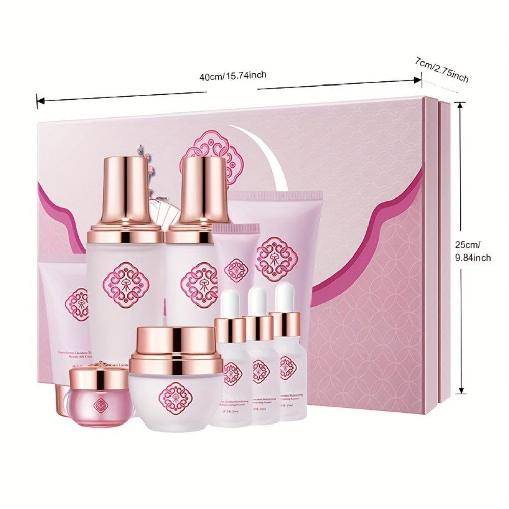10-Piece Botanical Skincare Gift Set with Coordinated Bottles, Jars and Tubes in a Pink Presentation Box