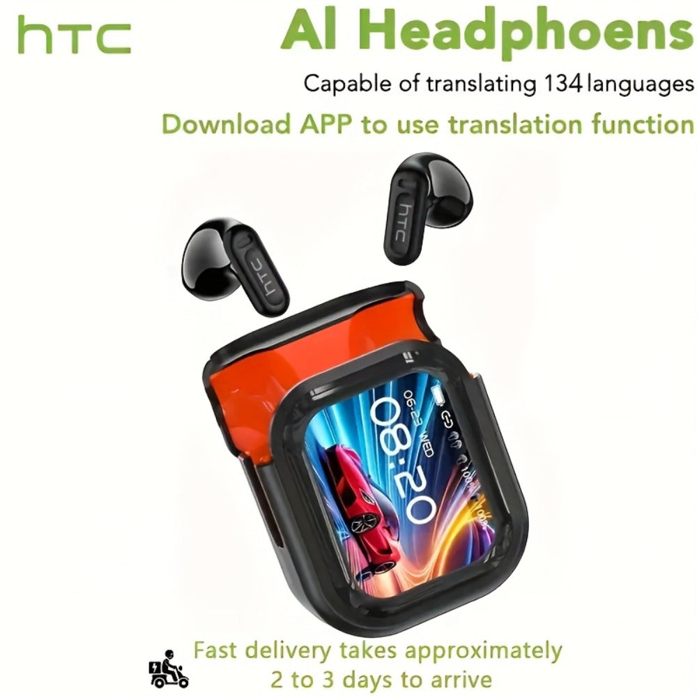 131 Language Real-Time Translation Wireless Headphones HTC NE20 TWS HiFi Sound Low Latency Gaming AI Noise Reduction LED Touch Screen Built-In Mic for Business Travel Office Study Gaming Birthday Gift