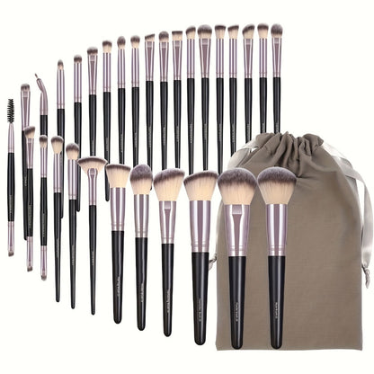 Makeup Brush Set, 30-Piece Nylon Bristle Collection with Alloy Handles, Face and Eye Brush Shapes and Storage Pouch