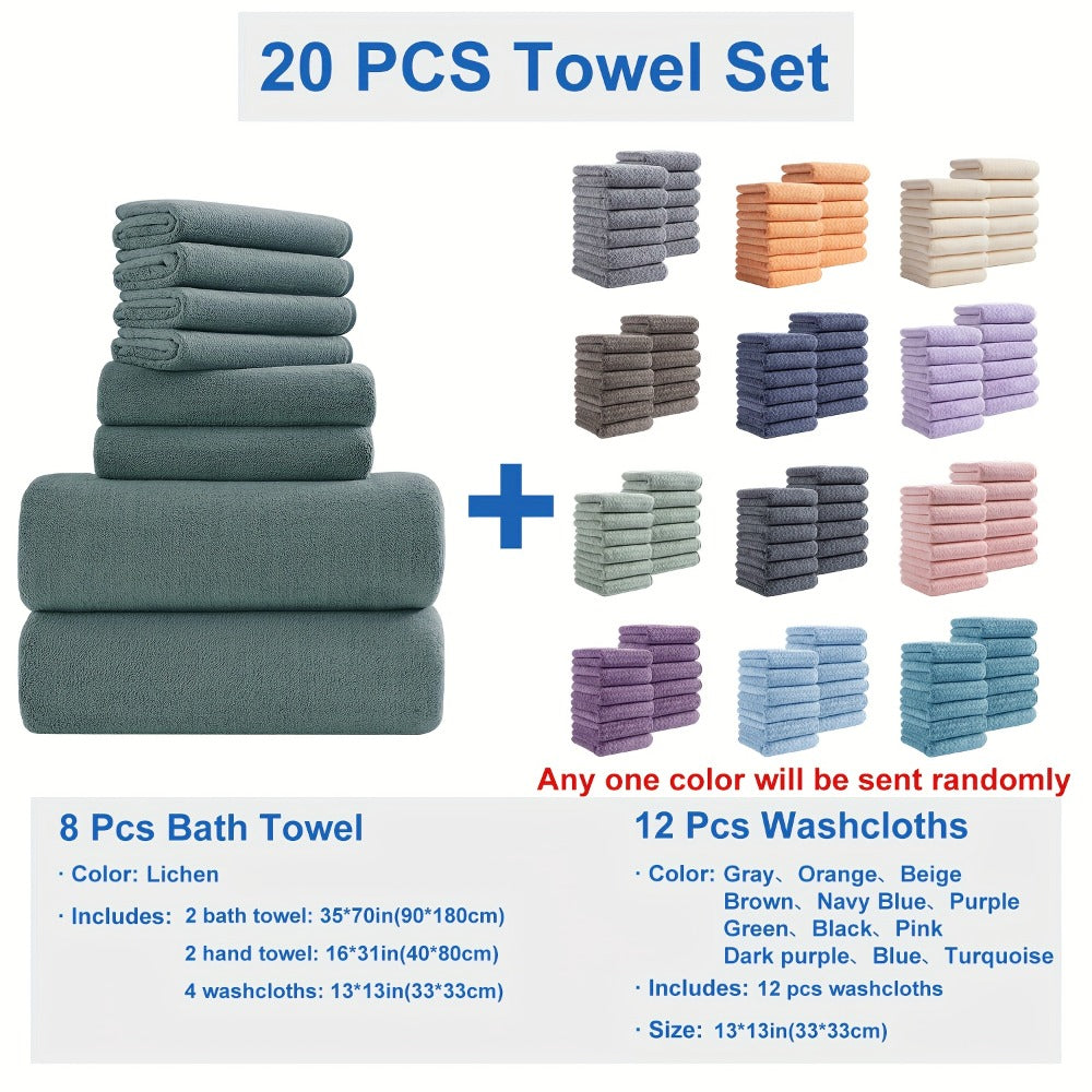Twenty-Piece Bath Towel Set with Eight Large Towels and Twelve Washcloths in Ten Exact Color Options