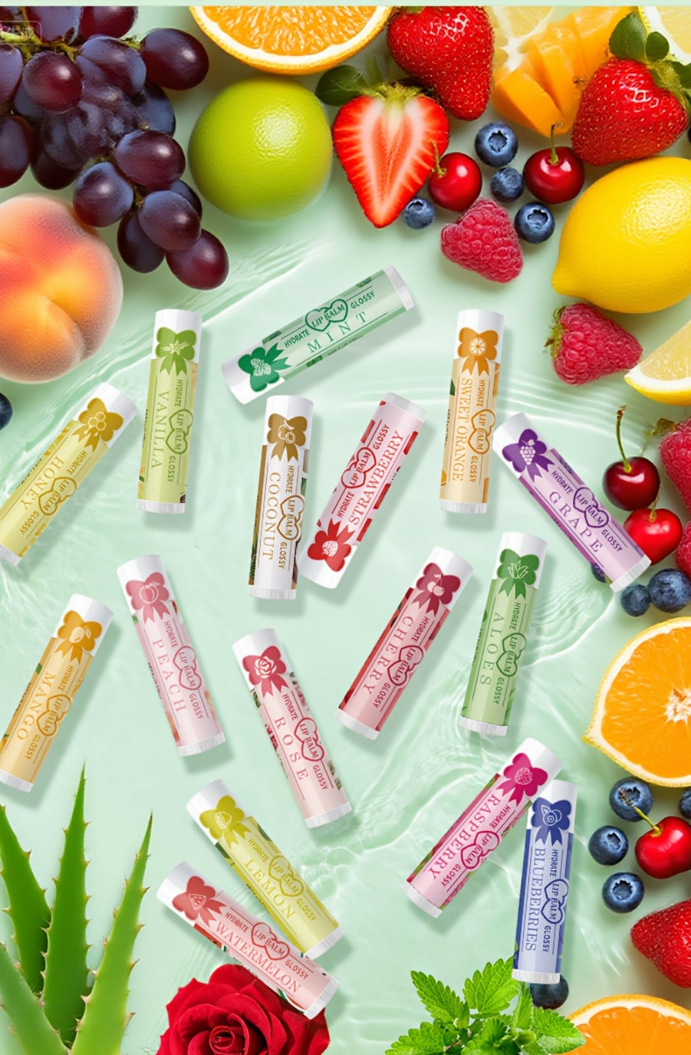 Lip Balm 16-Piece Assorted Flavor Set with Glossy Twist-Up Tubes and Orange Display Box Packaging
