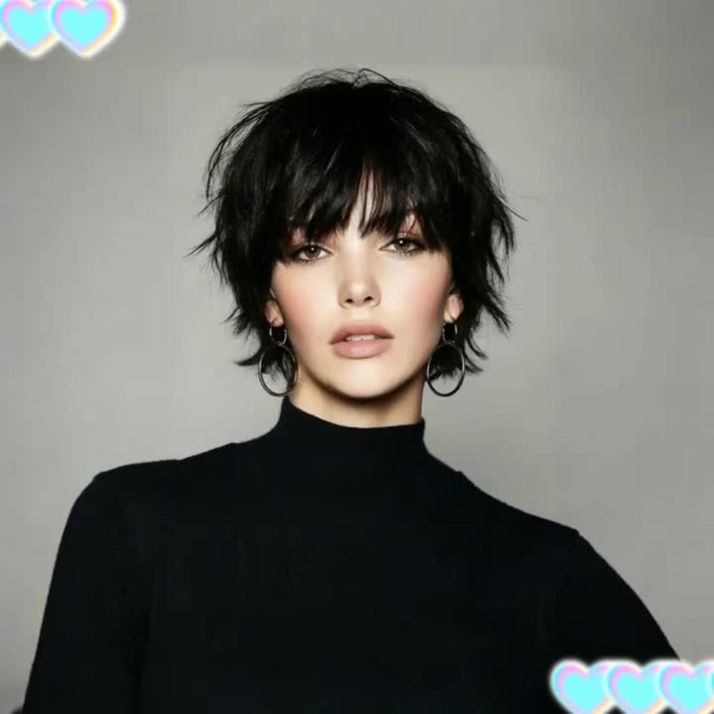 Pixie Cut Human Hair Wig with Bangs in 1B or Number 4 Color and 6 or 8 Inch Length Options