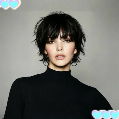 Pixie Cut Human Hair Wig with Bangs in 1B or Number 4 Color and 6 or 8 Inch Length Options