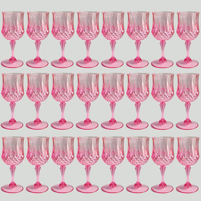 Twenty-Four-Pack Vintage-Style Plastic Stemmed Cups in Five Transparent Color Options for Party Tables
