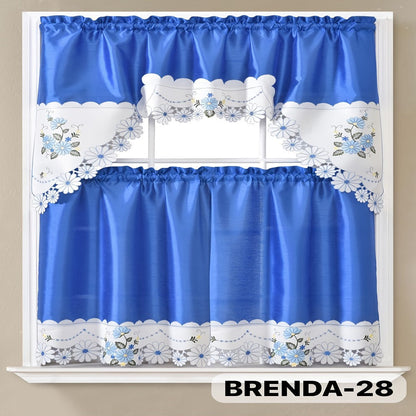 Three-Piece Patterned Kitchen Curtain Set with One Valance, Two Tiers and Forty-Six Exact Design Options