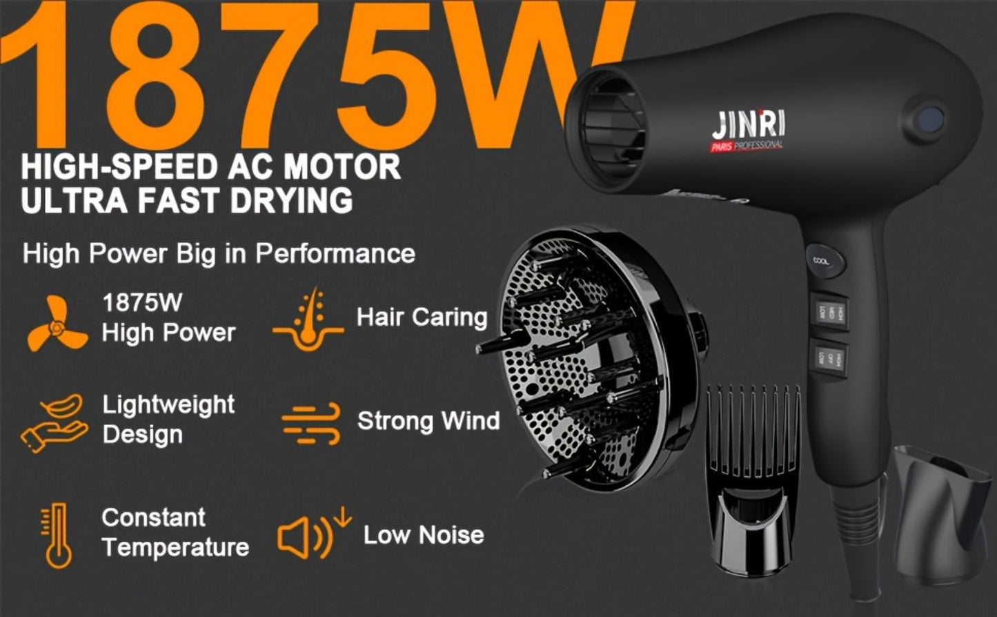 JINRI 1875W Hair Dryer with Three Heat Settings, Two Speeds and One- or Three-Accessory Package Options