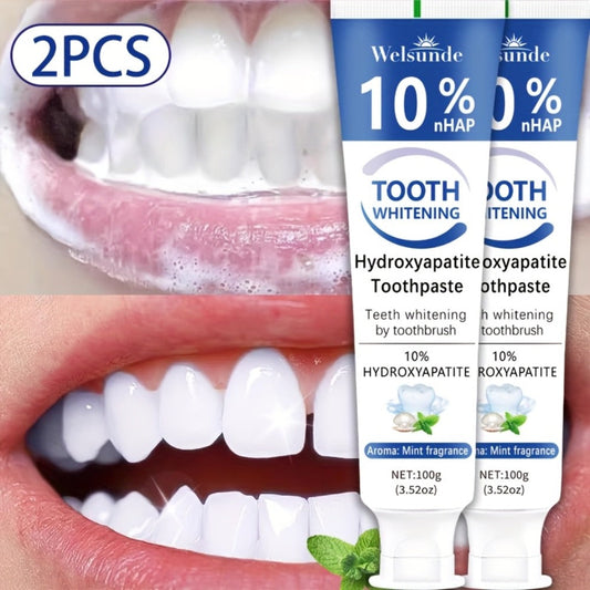 Nano Hydroxyapatite Toothpaste 2-Pack 10% HAp European Formula — Remineralizes Enamel, Deep Cleans & Whitens, Fluoride-Free, Gentle on Gums, Minty Fresh Breath, 100g/3.52oz Each