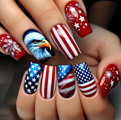 Press On Nails 216-Piece Medium Coffin Nine-Pack Red White Blue Stars and Stripes Patriotic Set