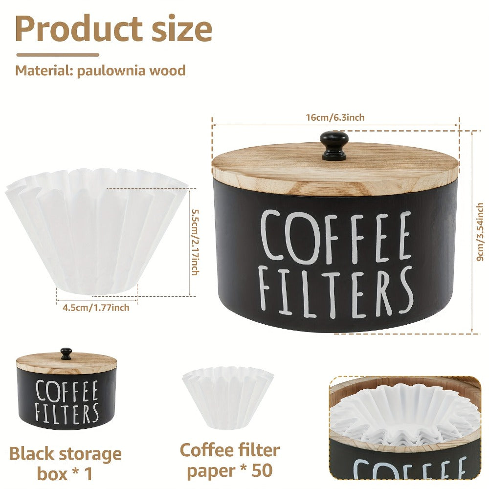 Wooden Coffee Filter Holder with Lid – Large Capacity Rustic Round Organizer Dispenser for Coffee Filters & Tea Bags, Bamboo Lid, Kitchen Countertop Coffee Bar Decor