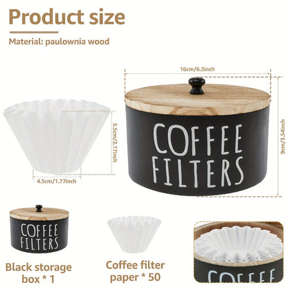 Wooden Coffee Filter Holder with Lid – Large Capacity Rustic Round Organizer Dispenser for Coffee Filters & Tea Bags, Bamboo Lid, Kitchen Countertop Coffee Bar Decor