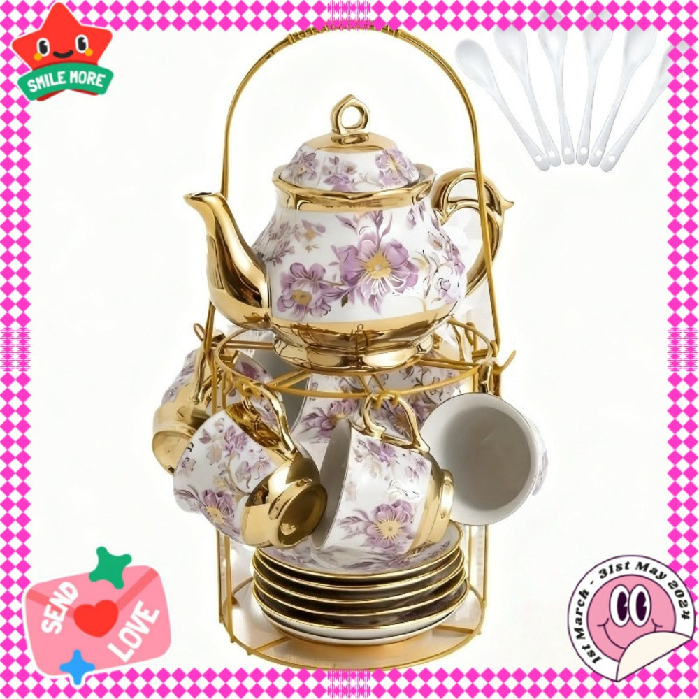 Twenty-Piece Floral Ceramic Tea Set with 15-Ounce Teapot, Six Cups, Saucers, Spoons and Gold Rack