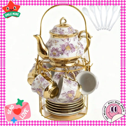 Twenty-Piece Floral Ceramic Tea Set with 15-Ounce Teapot, Six Cups, Saucers, Spoons and Gold Rack
