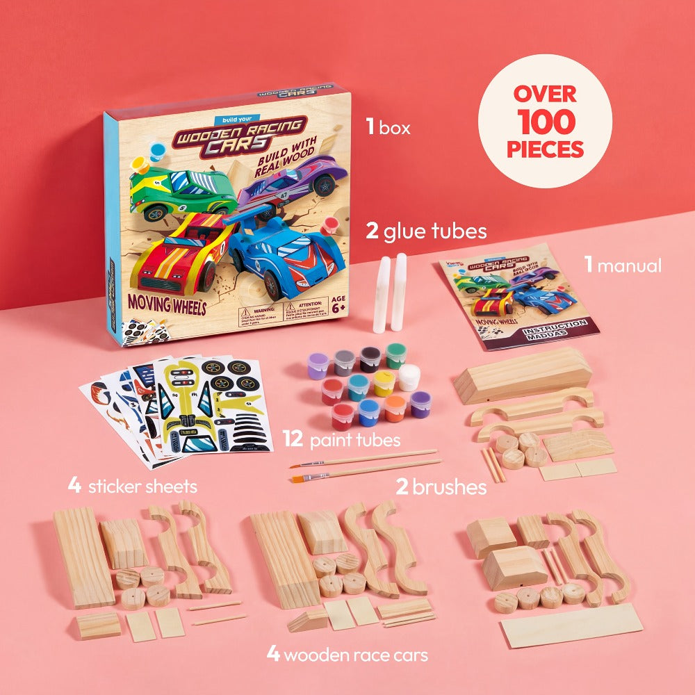 DIY Wooden Race Cars 4pcs Build & Paint Kit for Kids Ages 8+, 44 Pre-Cut Pieces 12 Colors Racing Stickers