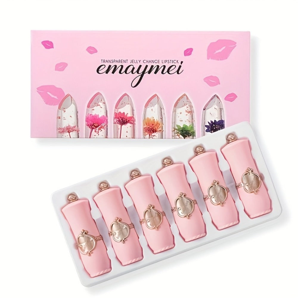 Jelly Lip Balm Set 6 Pack Color Changing — Temperature-Sensitive Dried Flower Extract, Sheer Moisturizing Clear Gloss, Natural Pink Tint, Long-Lasting Hydration Lip Care for Women