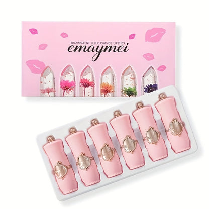 Jelly Lip Balm Set 6 Pack Color Changing — Temperature-Sensitive Dried Flower Extract, Sheer Moisturizing Clear Gloss, Natural Pink Tint, Long-Lasting Hydration Lip Care for Women