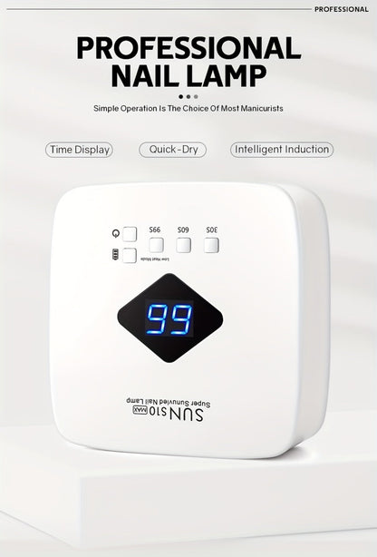 Wireless 30-Bead UV LED Nail Lamp in White with Three Timer Settings and SUN-S10MAX Model Label