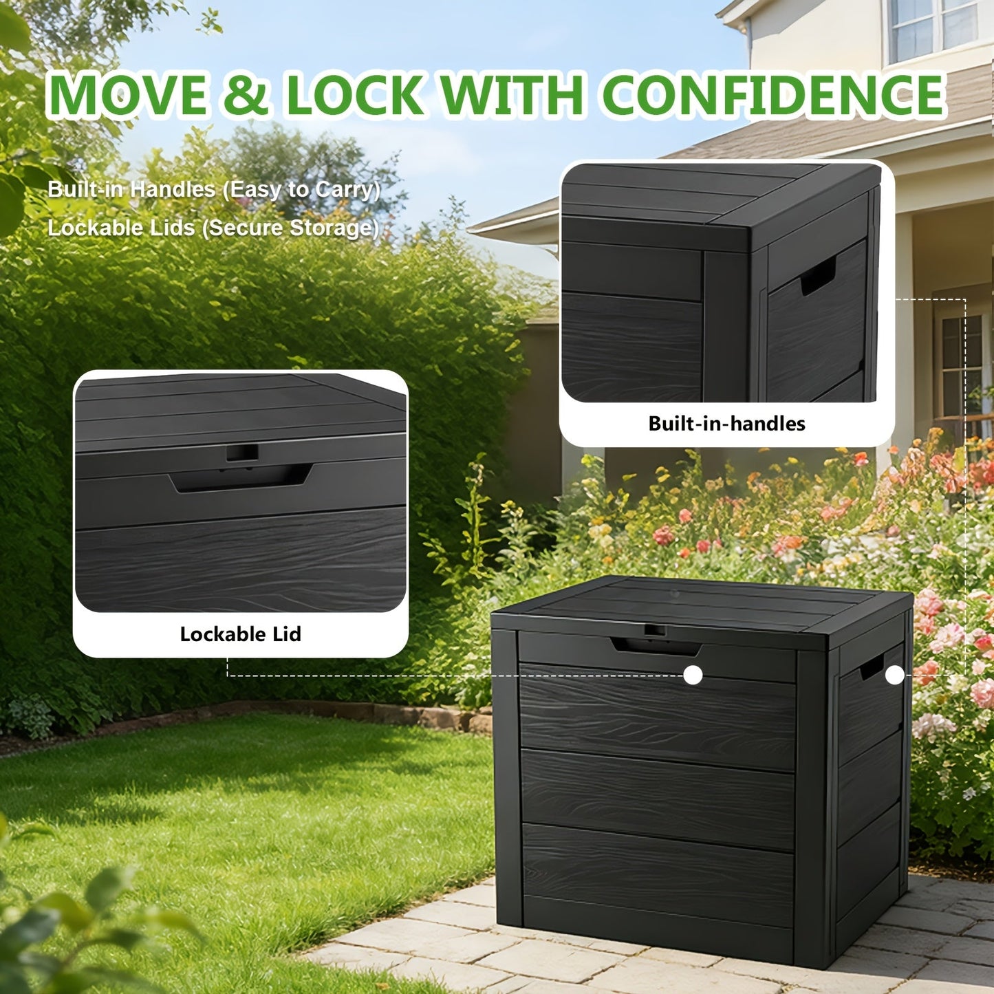 35-Gallon Compact Wood-Look Deck Box with Hinged Lid, Side Grips and Three Enhanced Color Options