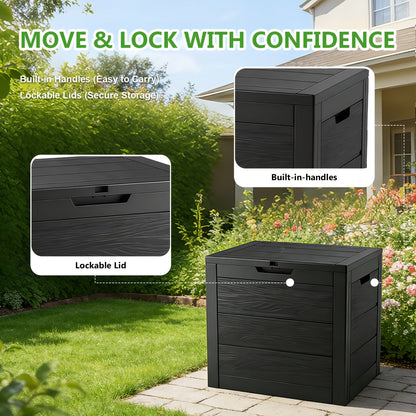 35-Gallon Compact Wood-Look Deck Box with Hinged Lid, Side Grips and Three Enhanced Color Options