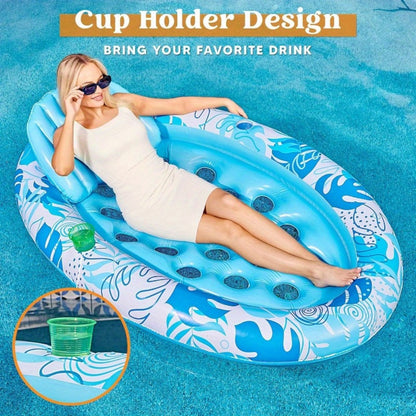 70 x 50-Inch Inflatable Pool Float Lounger with Oval Blue Body, Removable Backrest and Two Cup Holders