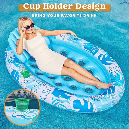 Oval Inflatable Pool Float Lounger for Adults – Tanning Raft with Removable Head & Back Support, Water Flow Vents & 2 Cup Holders | Sunbathing Lounge Float for Pool Lake Beach, Blue