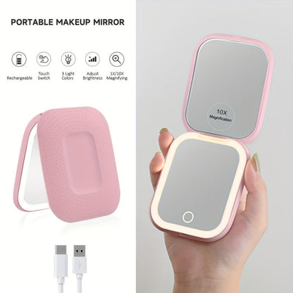 USB-Rechargeable LED Compact Mirror with 1X and 10X Sides, Three Light Colors and Pink or White Cases