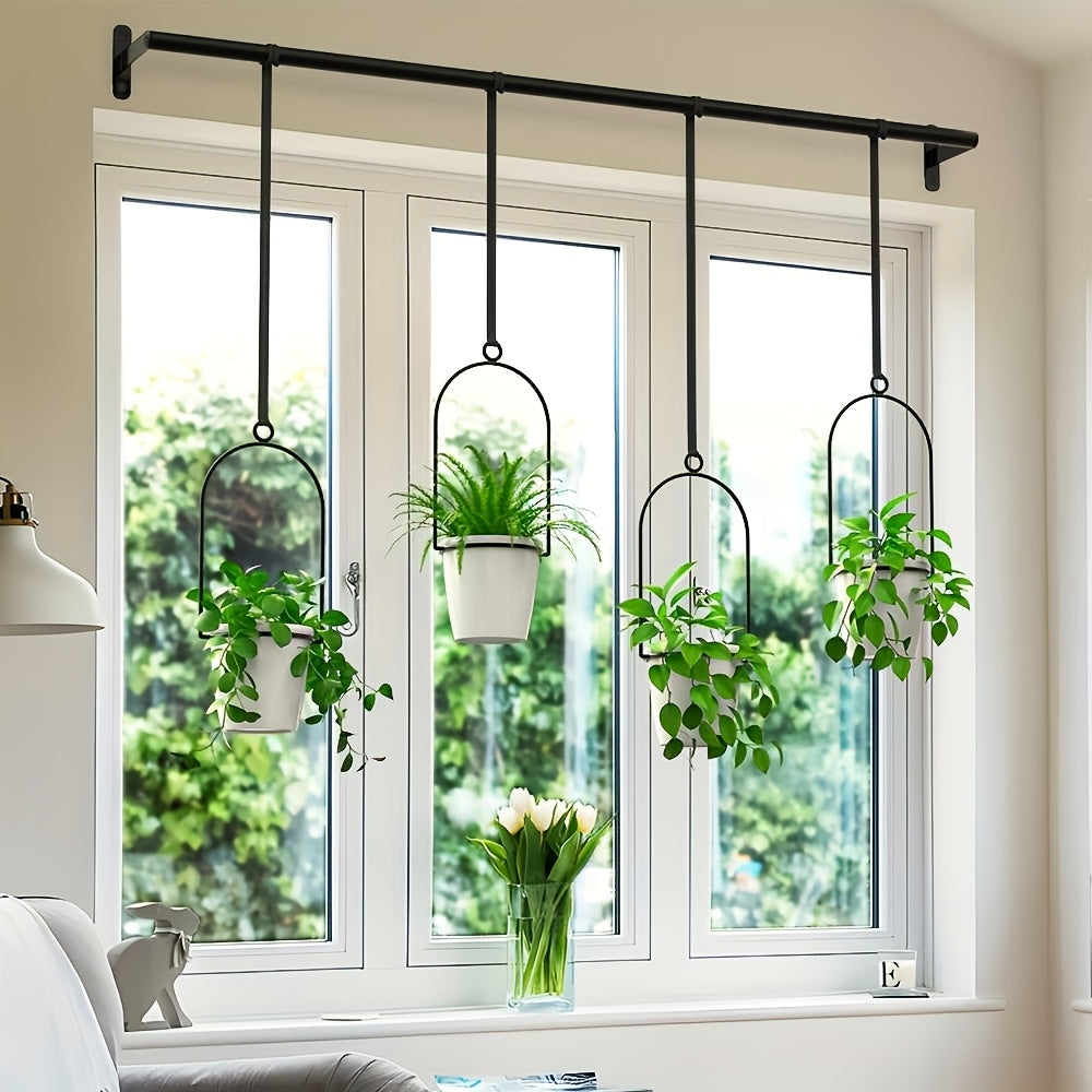 Adjustable Black Metal Hanging Plant Rack with Four Pot Holders for Wall or Window Display