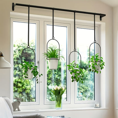 Adjustable Black Metal Hanging Plant Rack with Four Pot Holders for Wall or Window Display