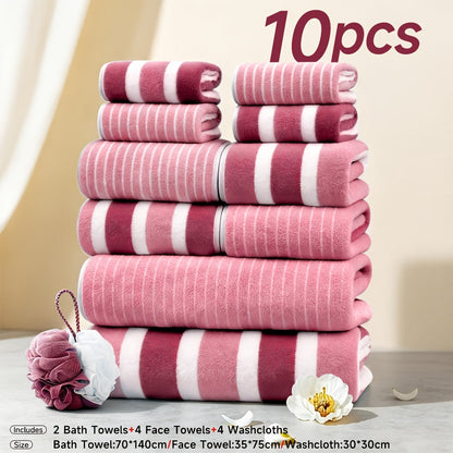 Towel Set 1, 3 or 10 Piece Polyester Striped Options with Bath, Face and Hand Towels for Home and Guest Use